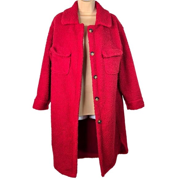 Zesica Womens Red Fuzzy Button-Down Longline Teddy Coat With Pockets Size S - Picture 4 of 7